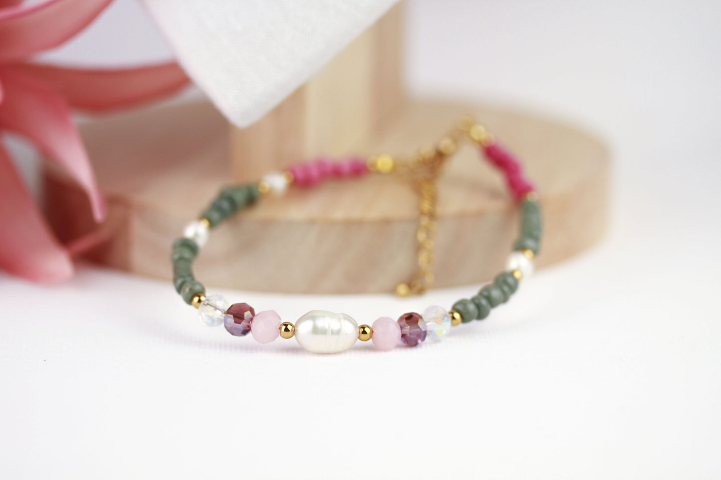 Grün-Altrosa Perlenkette & Armband – Mit Süßwasserperlen | Set