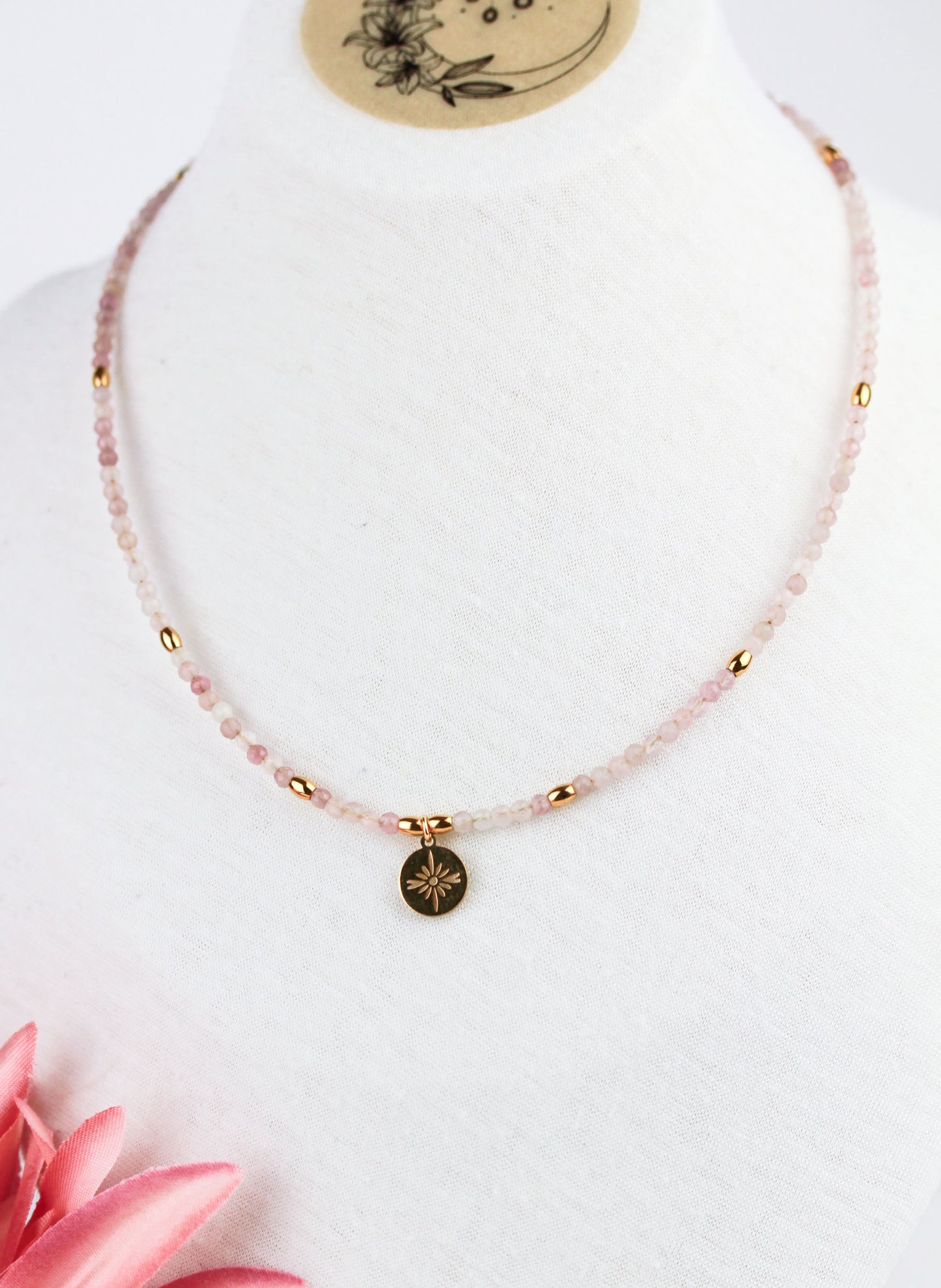 Rosenquarz Naturstein Perlenhalskette – Handgefertigt