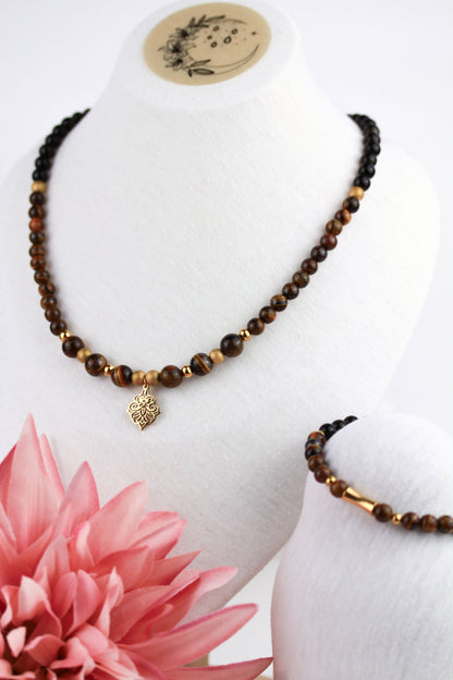 Tigerauge und Onyx Perlen Schmuckset – Kette & Armband | Handgefertigt