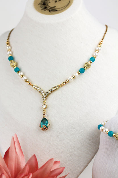 Amazonit und Süßwasserperlen Schmuckset – Perlenkette & Armband | Handgefertigt