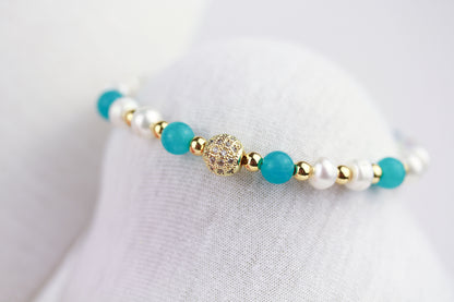 Amazonit und Süßwasserperlen Schmuckset – Perlenkette & Armband | Handgefertigt