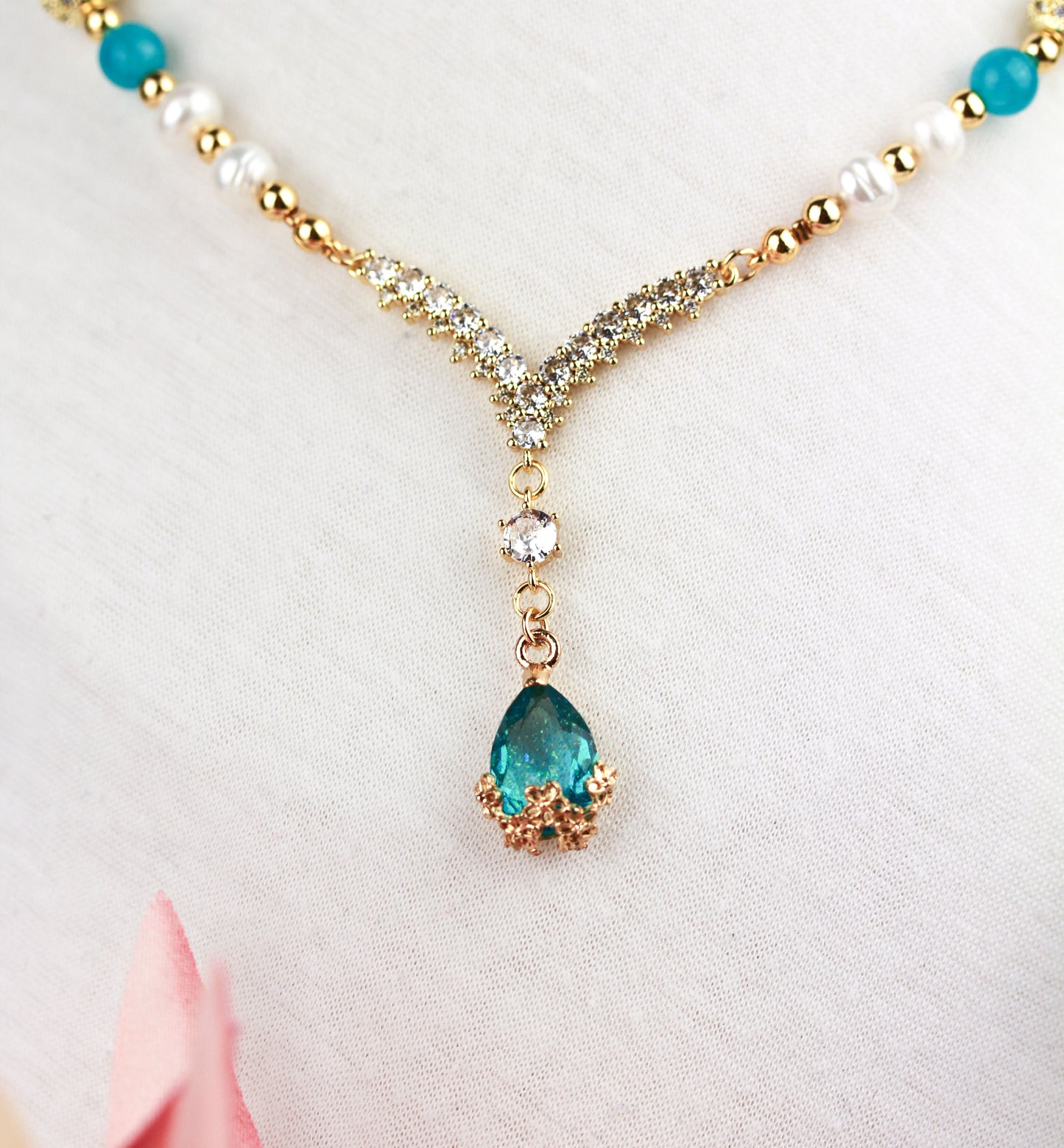 Amazonit und Süßwasserperlen Schmuckset – Perlenkette & Armband | Handgefertigt