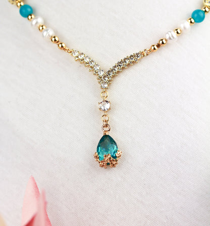 Amazonit und Süßwasserperlen Schmuckset – Perlenkette & Armband | Handgefertigt