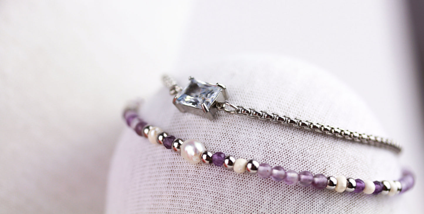 Amethyst & Süßwasserperlen Layering Schmuckset – Handgefertigt