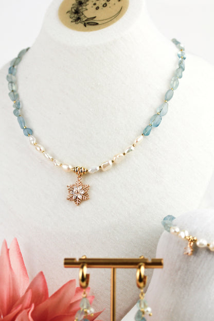 Aquamarin & Süßwasserperlen Schmuckset mit Zirkonia – Handgefertigt