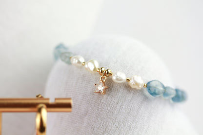 Aquamarin & Süßwasserperlen Schmuckset mit Zirkonia – Handgefertigt