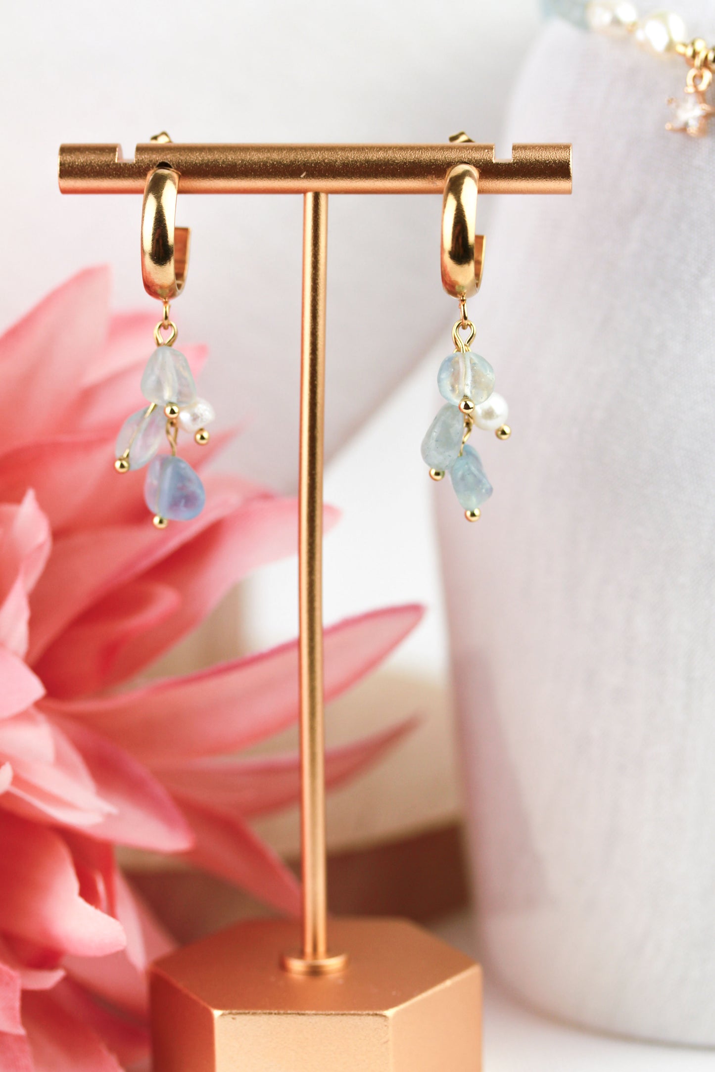 Aquamarin & Süßwasserperlen Schmuckset mit Zirkonia – Handgefertigt