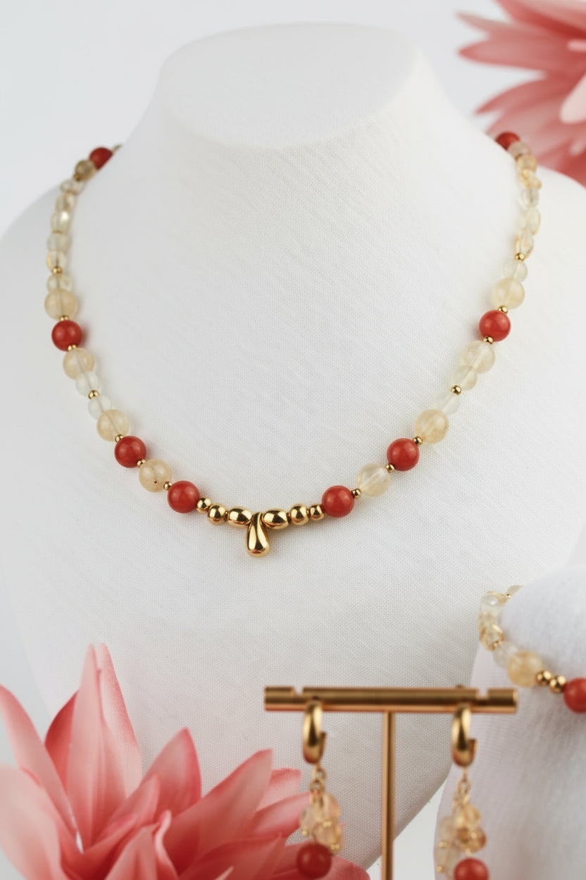 Sonnenstein und Citrin Naturstein Schmuckset – Kette, Armband & Ohrringe | Handgefertigt