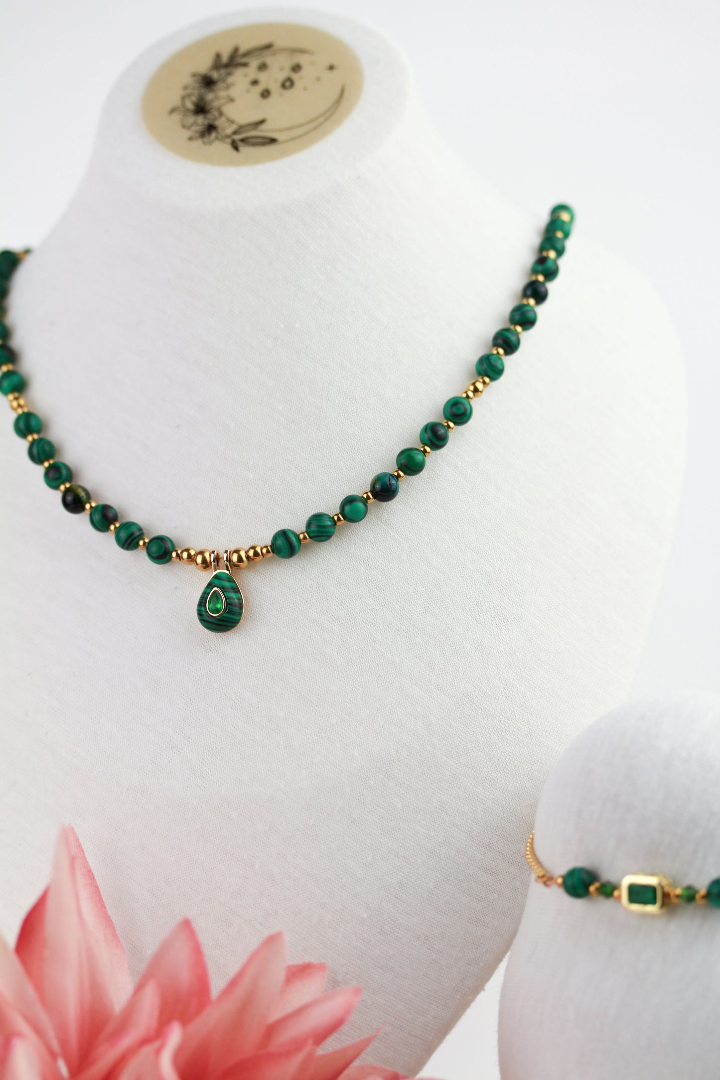 Malachit Naturstein Schmuckset – Perlenkette & Armband | Handgefertigt