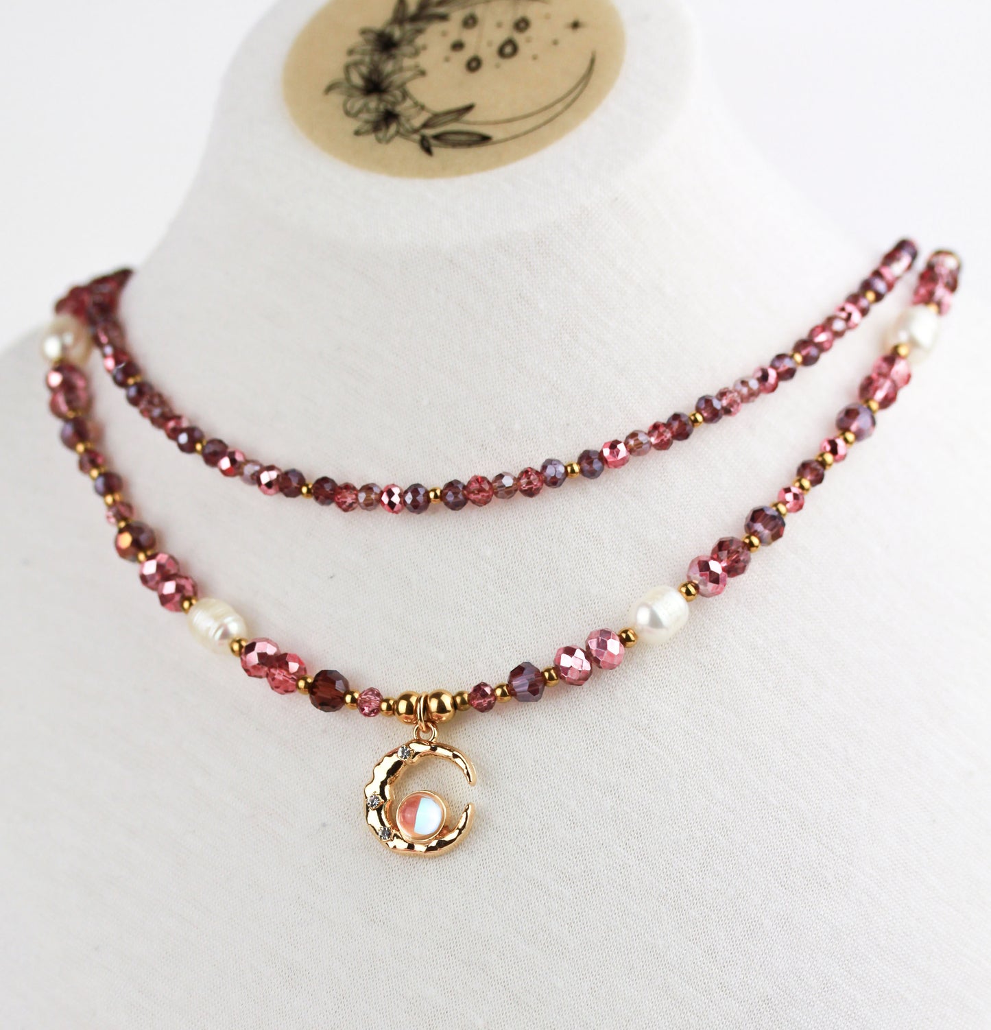 Layering Schmuckset – Kristall & Süßwasserperlen Halskette mit Mondanhänger | Handgefertigt