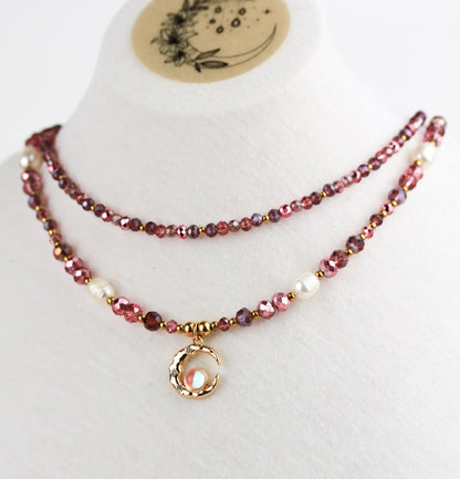 Layering Schmuckset – Kristall & Süßwasserperlen Halskette mit Mondanhänger | Handgefertigt