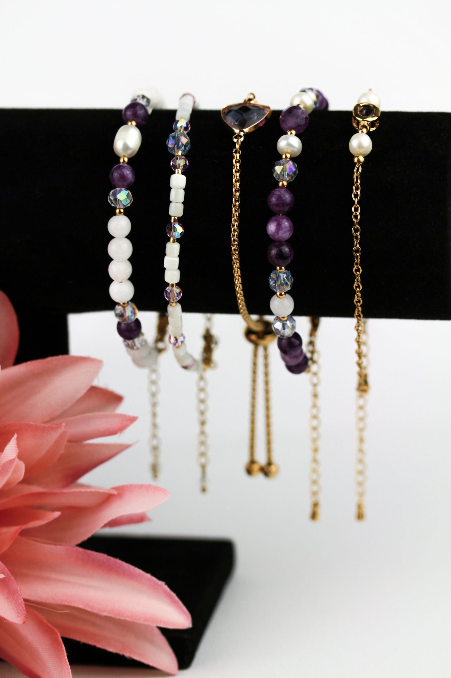 Amethyst & Muschelperlen Armband Set – 5-teilig | Handgefertigt | Spiritualität und inneren Ruhe