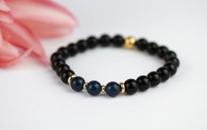 Schwarzer Achat & Saphir-Jade Armband – Handgefertigtes Natursteinarmband