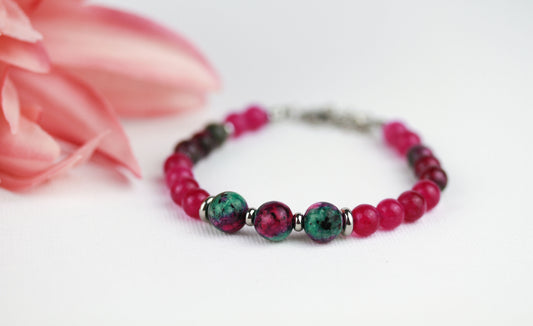 Rubin-Zoisit & Pink Achat Armband – Grün-Pink Naturstein Perlenarmband