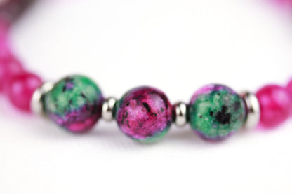 Rubin-Zoisit & Pink Achat Armband – Grün-Pink Naturstein Perlenarmband