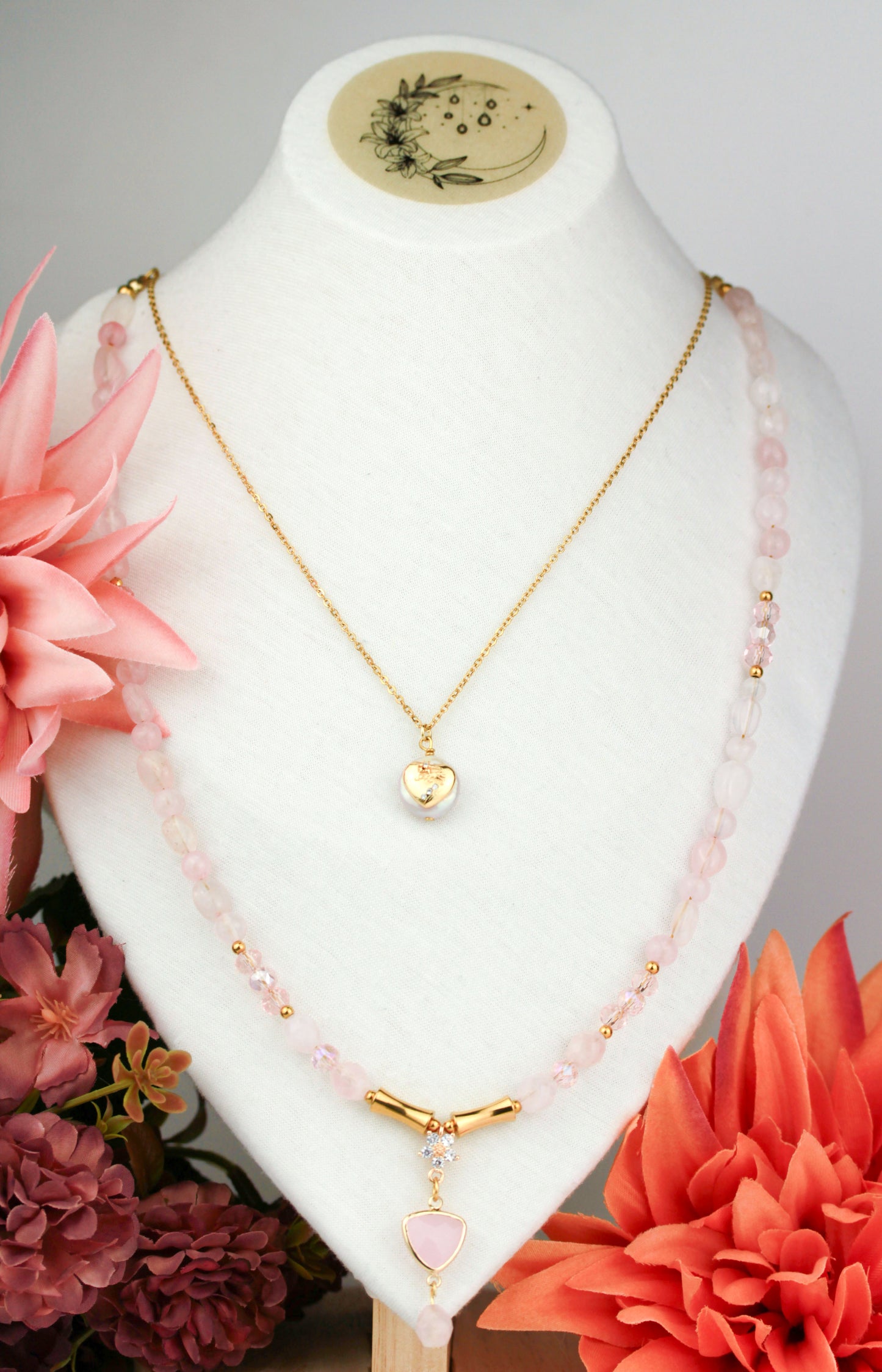 Rosenquarz „Mom“ Layering Halskettenset – Handgefertigt