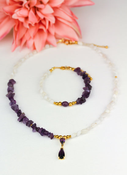 Amethyst und Quarz Schmuckset – Halskette, Armband & Ohrringe | Handgefertigt