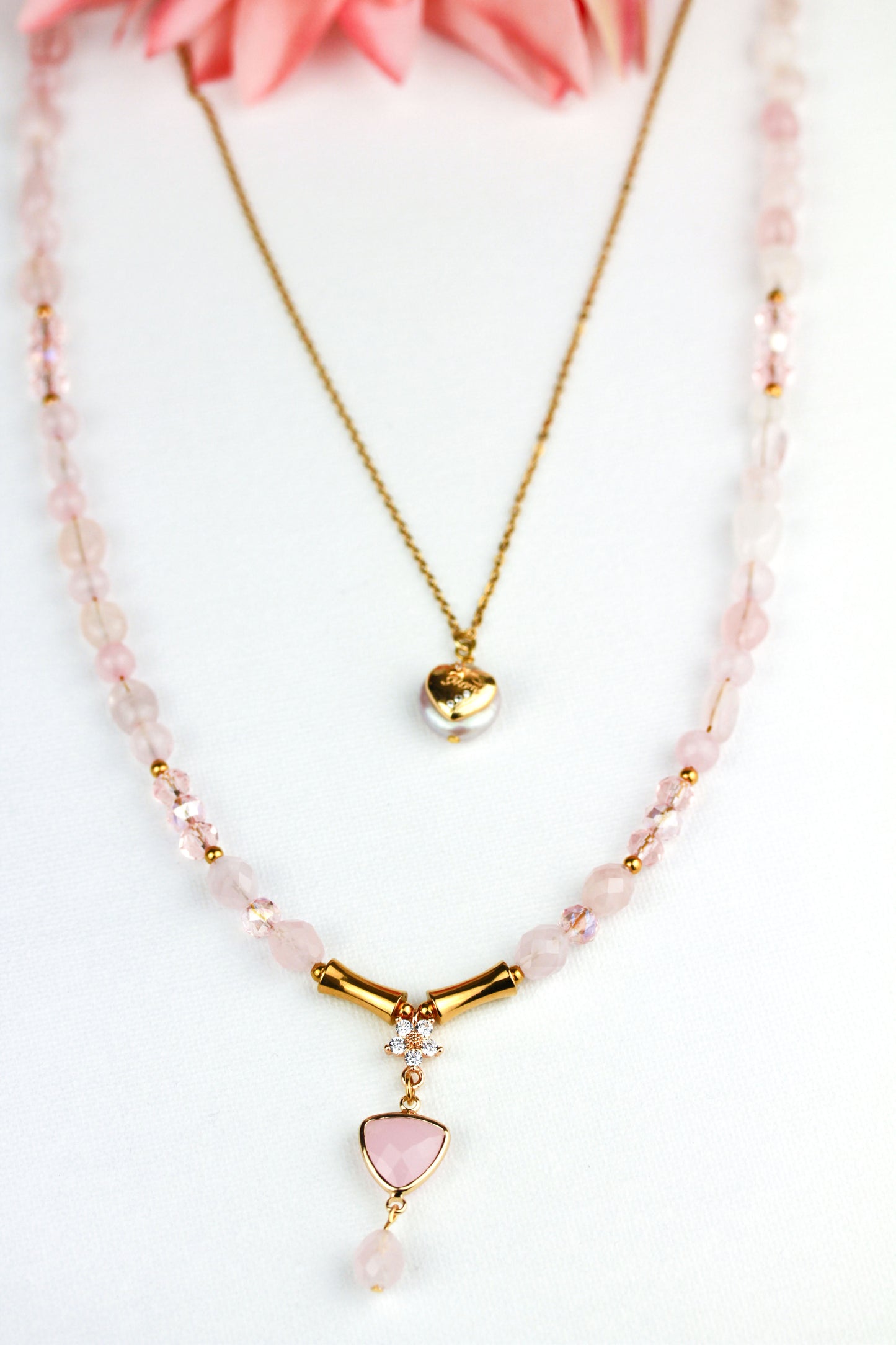 Rosenquarz „Mom“ Layering Halskettenset – Handgefertigt