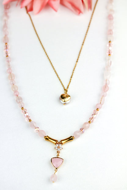 Rosenquarz „Mom“ Layering Halskettenset – Handgefertigt