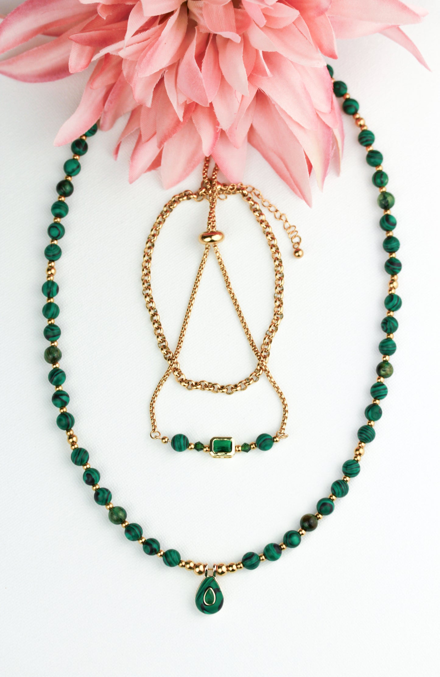 Malachit Naturstein Schmuckset – Perlenkette & Armband | Handgefertigt