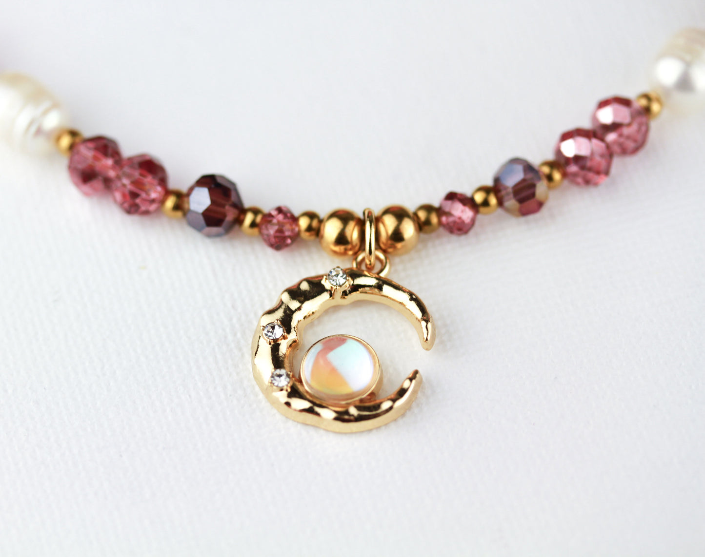 Layering Schmuckset – Kristall & Süßwasserperlen Halskette mit Mondanhänger | Handgefertigt