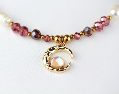 Layering Schmuckset – Kristall & Süßwasserperlen Halskette mit Mondanhänger | Handgefertigt