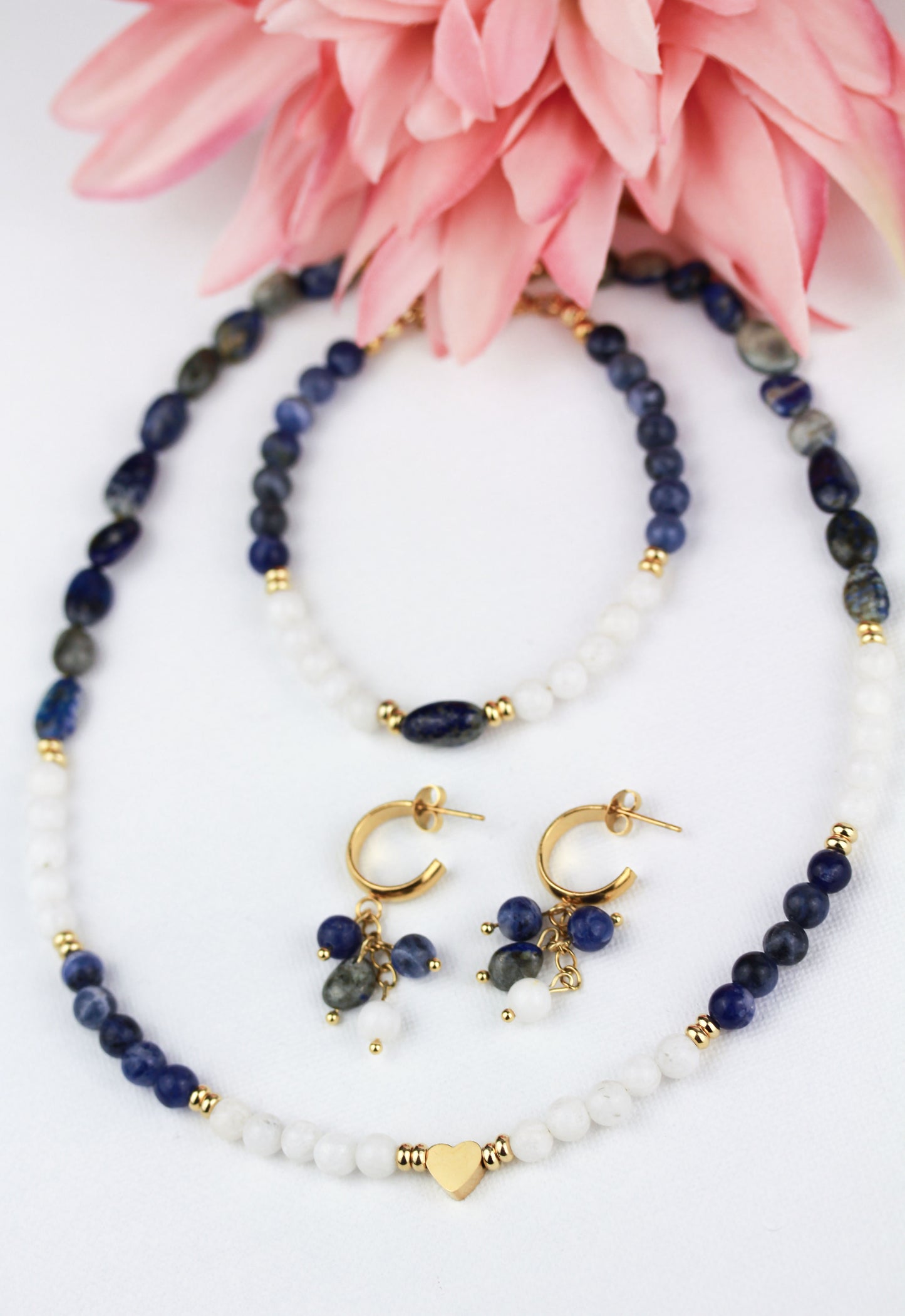 Lapislazuli Naturstein Schmuckset – Perlenkette, Armband & Ohrringe | Handgefertigt