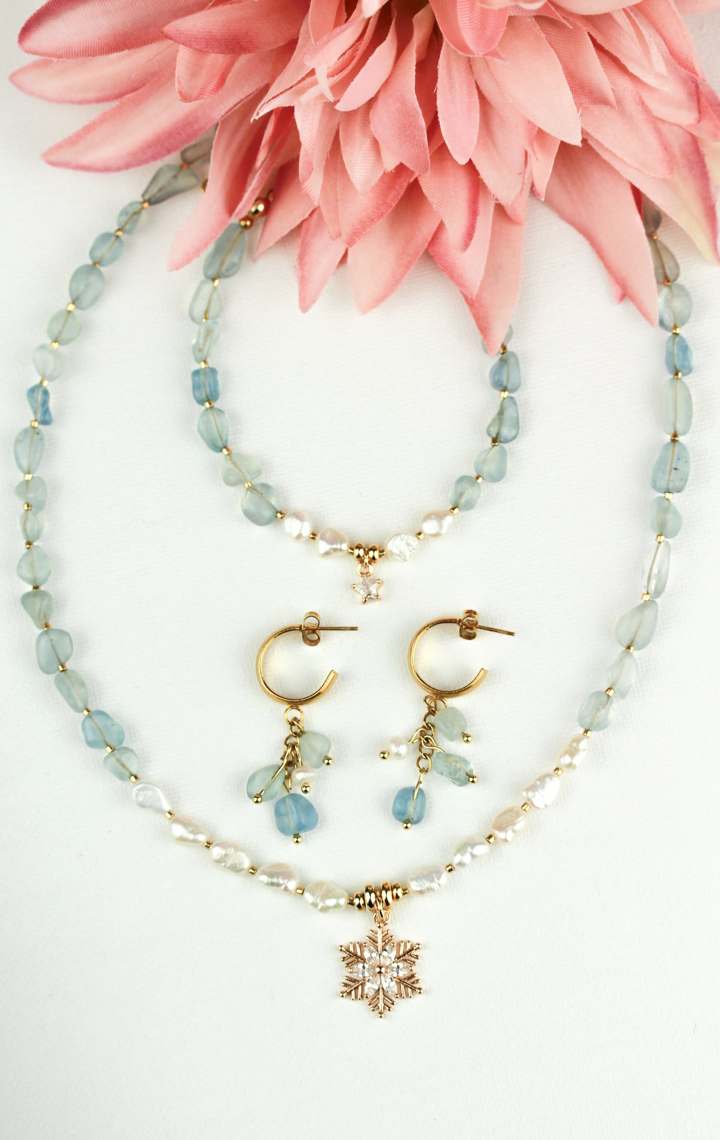 Aquamarin & Süßwasserperlen Schmuckset mit Zirkonia – Handgefertigt