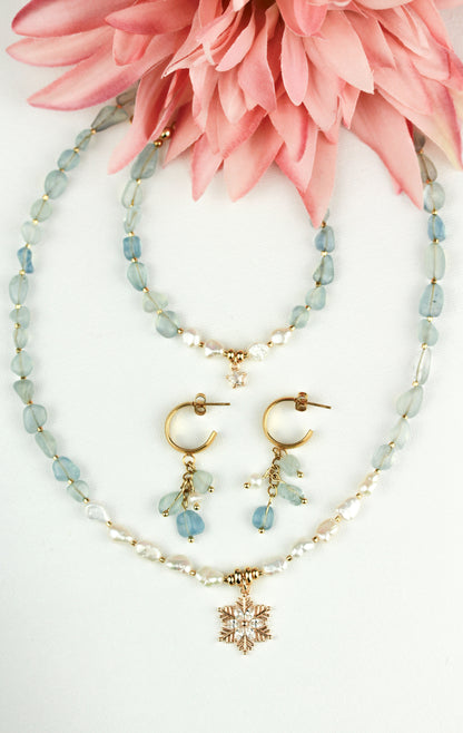 Aquamarin & Süßwasserperlen Schmuckset mit Zirkonia – Handgefertigt