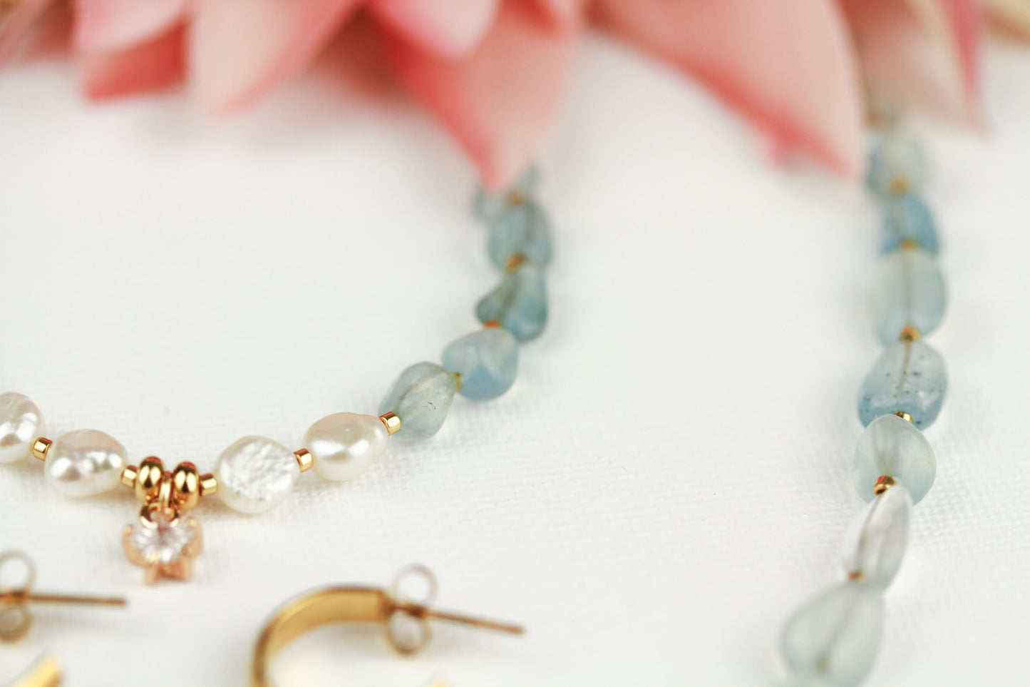 Aquamarin & Süßwasserperlen Schmuckset mit Zirkonia – Handgefertigt
