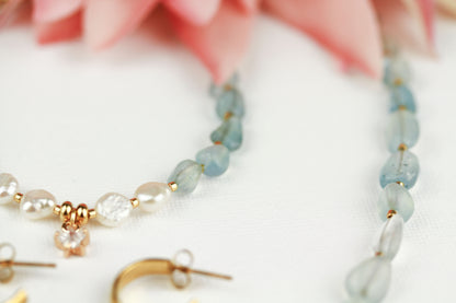 Aquamarin & Süßwasserperlen Schmuckset mit Zirkonia – Handgefertigt