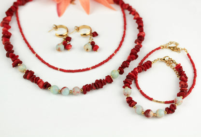 Layering Korallen Perlen Schmuckset – Kette, Armband & Ohrringe | Handgefertigt