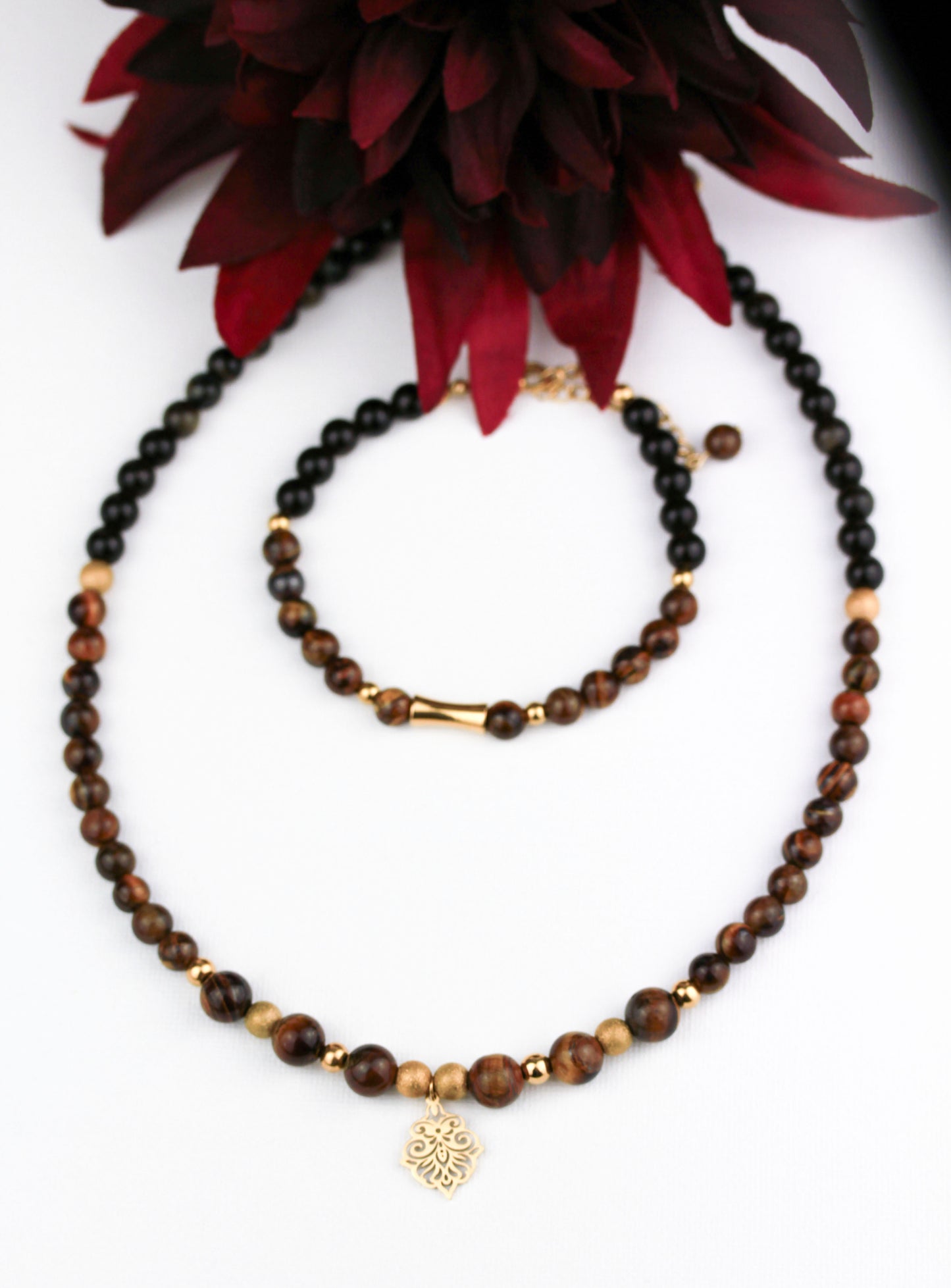 Tigerauge und Onyx Perlen Schmuckset – Kette & Armband | Handgefertigt