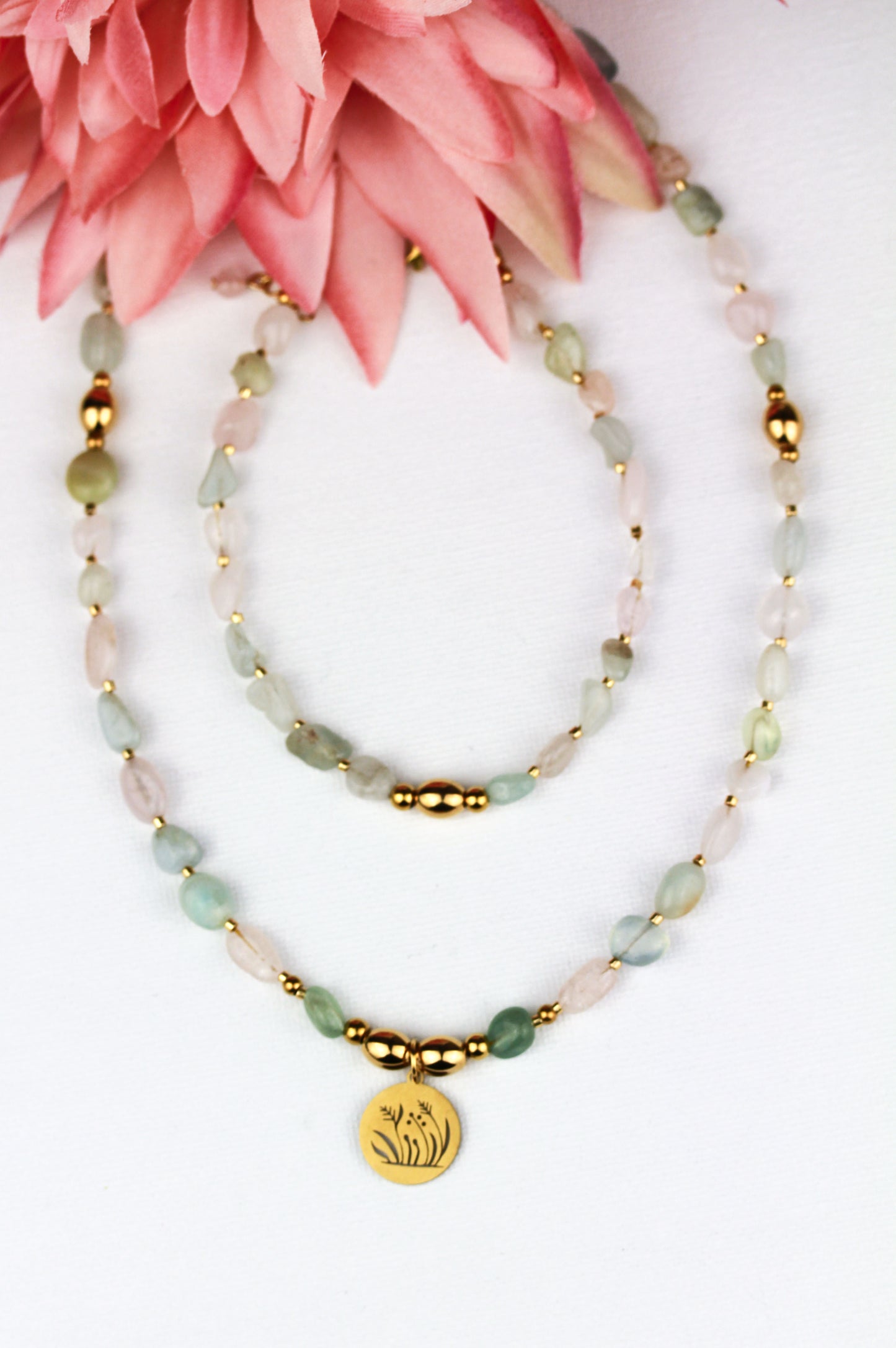 Morganit Perlen Schmuckset – Perlenkette & Armband | Handgefertigt