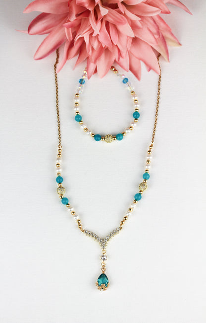 Amazonit und Süßwasserperlen Schmuckset – Perlenkette & Armband | Handgefertigt