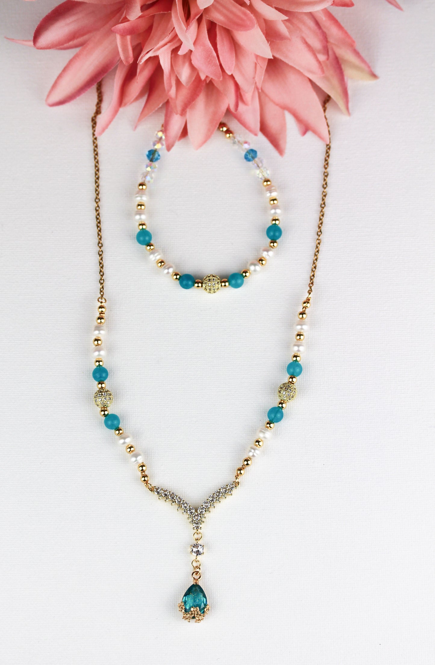 Schmuckset – Amazonit Süßwasserperle – Kette & Armband