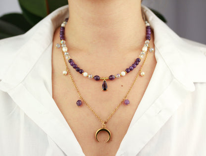 Mondzauber – Doppellayer Amethyst & Mond Anhänger Halskettenset