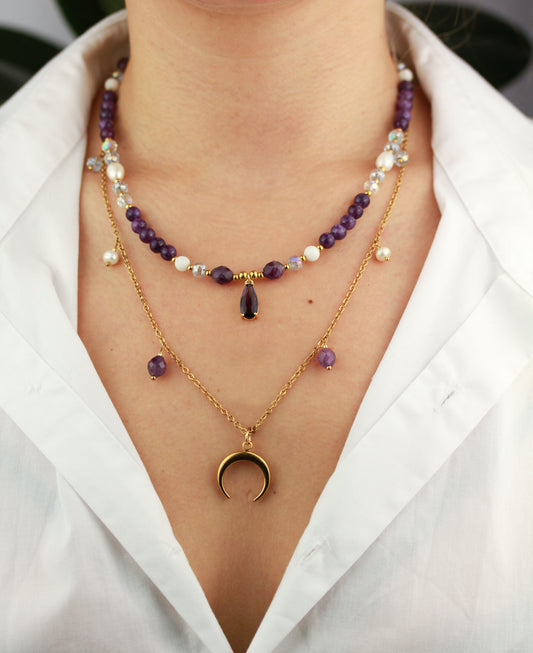 Mondzauber – Doppellayer Amethyst & Mond Anhänger Halskettenset