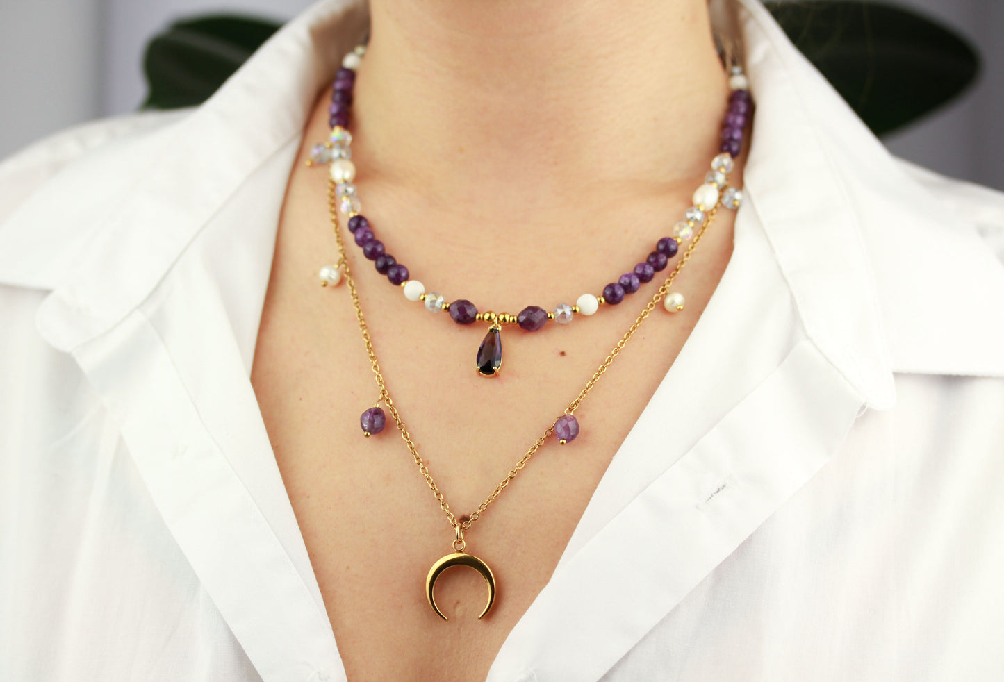Mondzauber – Doppellayer Amethyst & Mond Anhänger Halskettenset