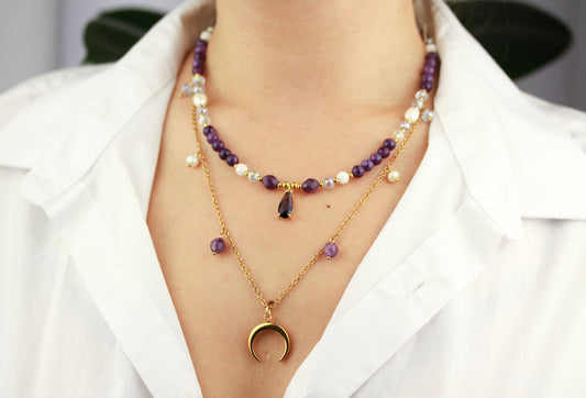 Mondzauber – Doppellayer Amethyst & Mond Anhänger Halskettenset