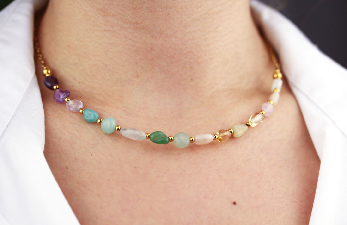 Regenbogen-Edelstein Perlenkette – Harmonische Naturstein-Halskette