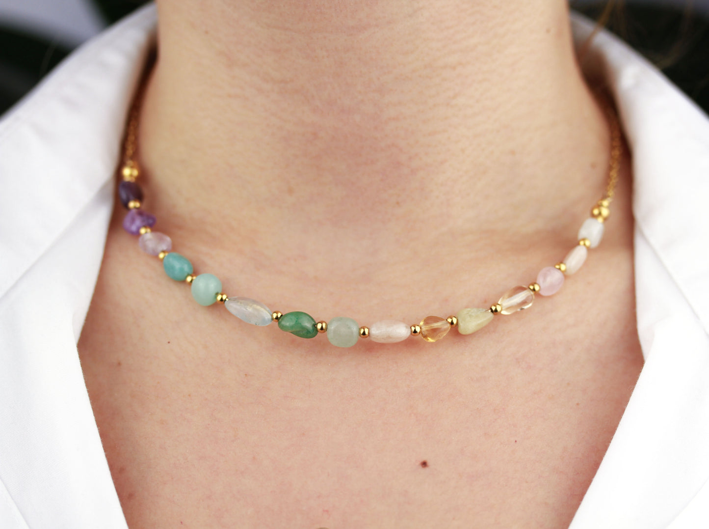 Regenbogen-Edelstein Perlenkette – Harmonische Naturstein-Halskette