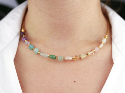 Regenbogen-Edelstein Perlenkette – Harmonische Naturstein-Halskette