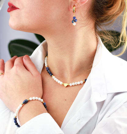Lapislazuli Naturstein Schmuckset – Perlenkette, Armband & Ohrringe | Handgefertigt