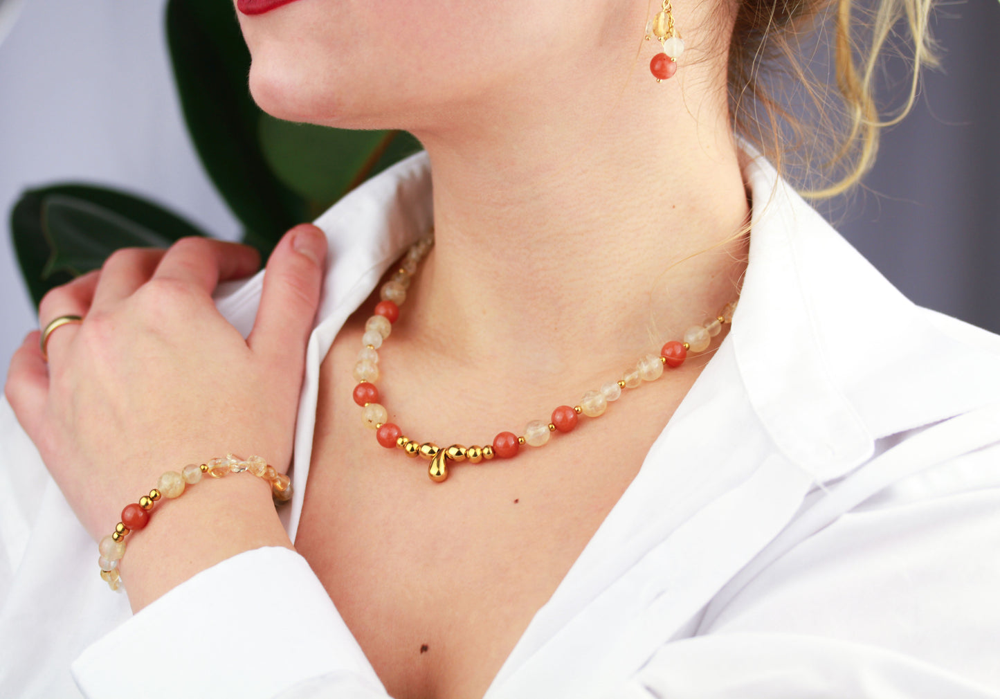 Sonnenstein und Citrin Naturstein Schmuckset – Kette, Armband & Ohrringe | Handgefertigt