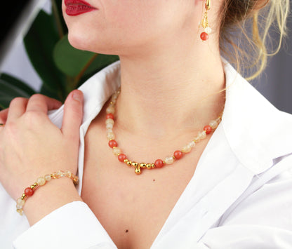 Sonnenstein und Citrin Naturstein Schmuckset – Kette, Armband & Ohrringe | Handgefertigt