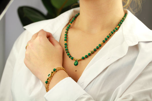 Malachit Naturstein Schmuckset – Perlenkette & Armband | Handgefertigt