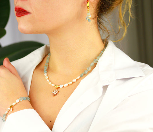 Aquamarin & Süßwasserperlen Schmuckset mit Zirkonia – Handgefertigt