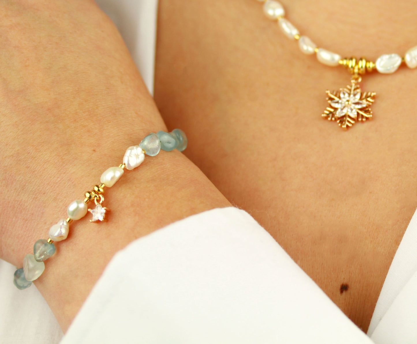 Aquamarin & Süßwasserperlen Schmuckset mit Zirkonia – Handgefertigt