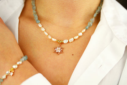 Aquamarin & Süßwasserperlen Schmuckset mit Zirkonia – Handgefertigt